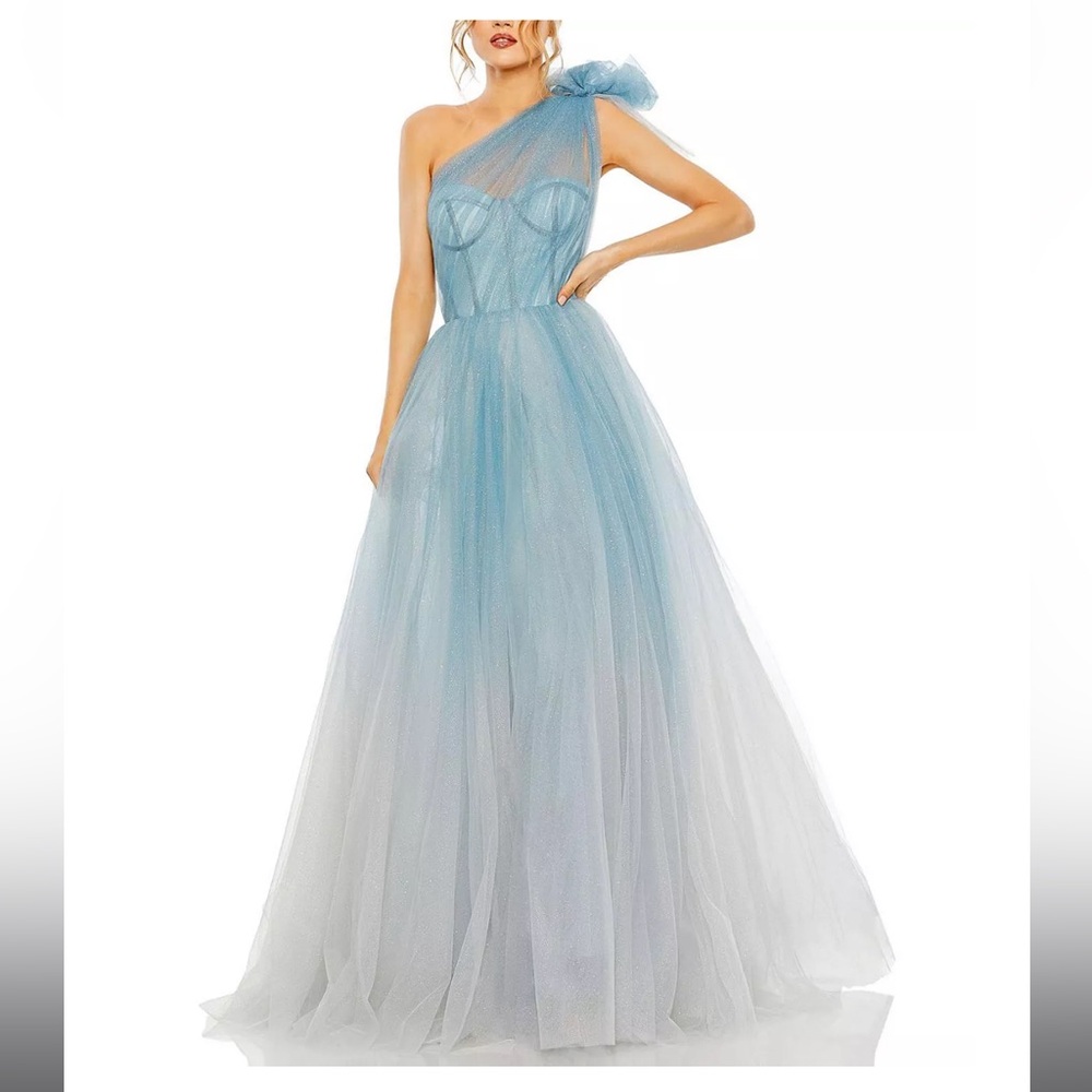 Mac Duggal Glitter One-Shoulder Ombre Gown with Bow